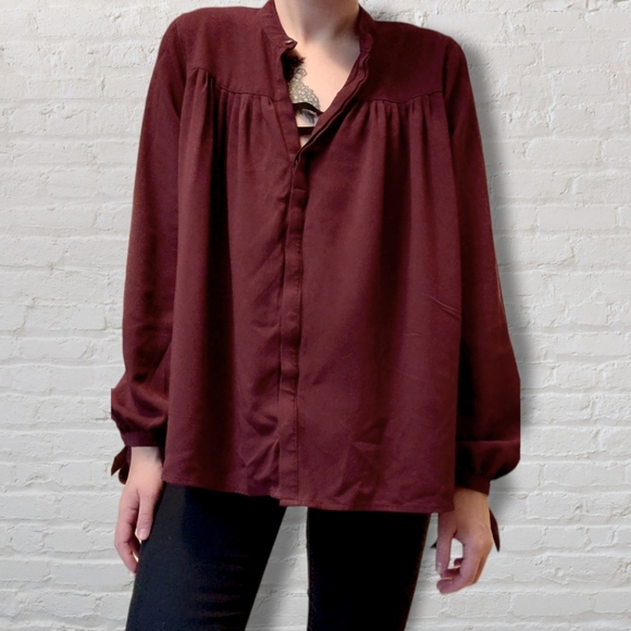 Abercrombie & Fitch Burgundy Tie Sleeve Button Blouse Top - Picture 3 of 7